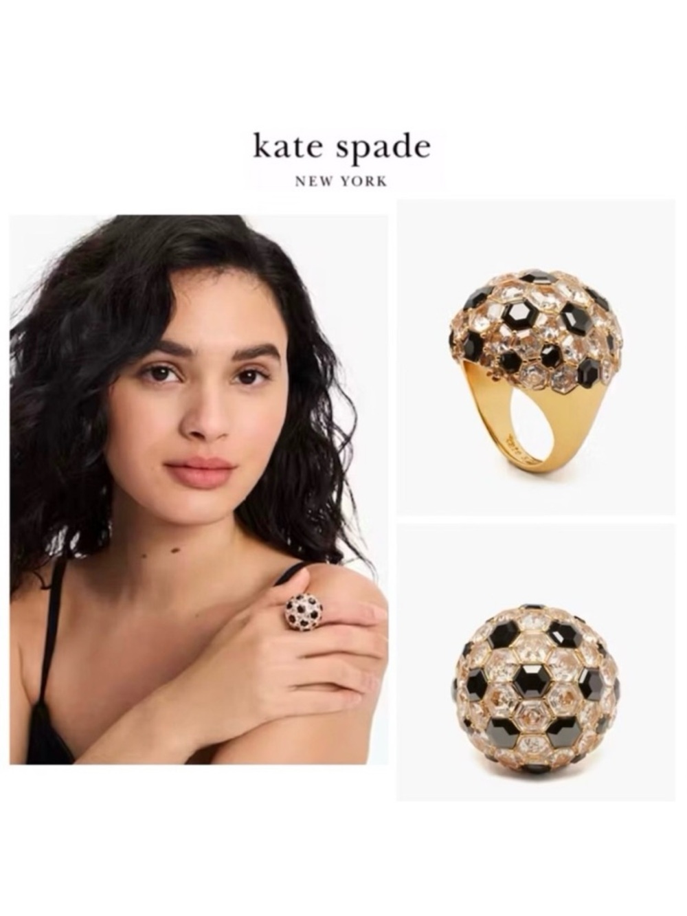 NWT Kate Spade ♠️ ON THE BALL 12-K Gold Plated CZ Crystals Soccer Ball Ring